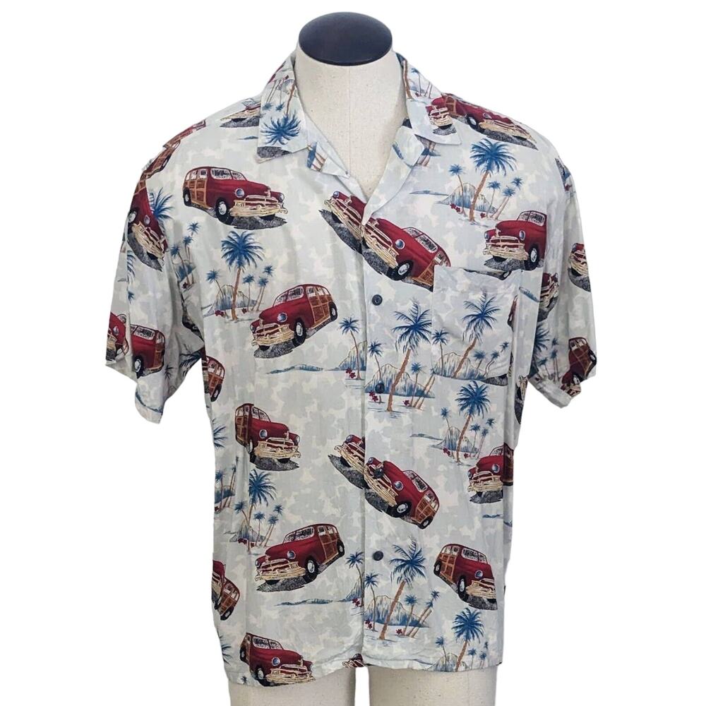 PINEAPPLE CONNECTIONS Hawaiian Shirt Palm Trees Woody Wagon Car Size Large
